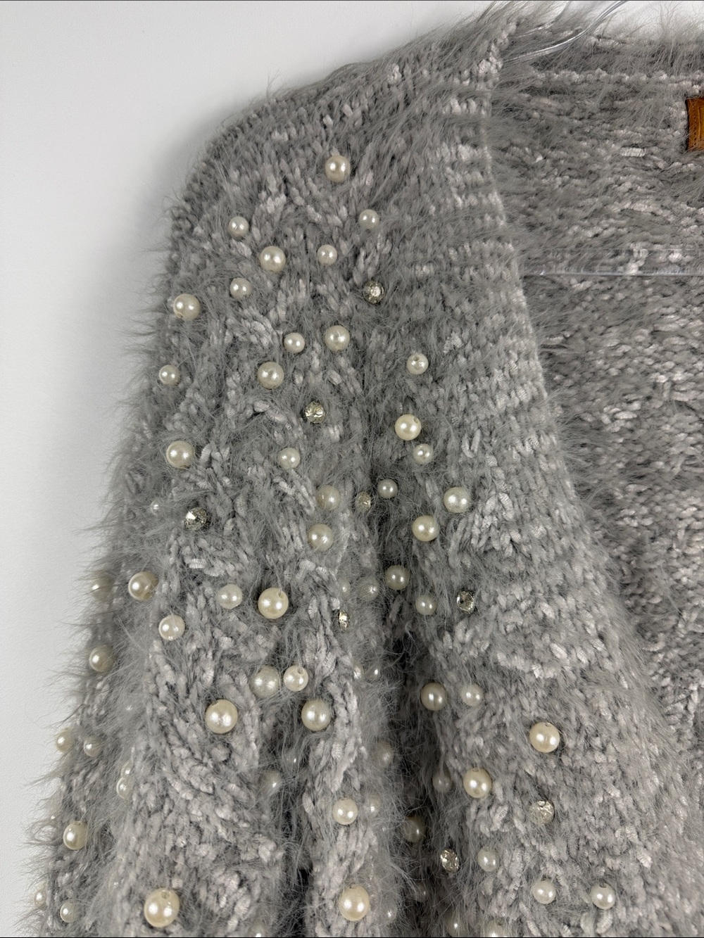 POL Alpaca Pearl Rhinestone Cardigan S Gray Fuzzy Open Front Cozy - Picture 5 of 8